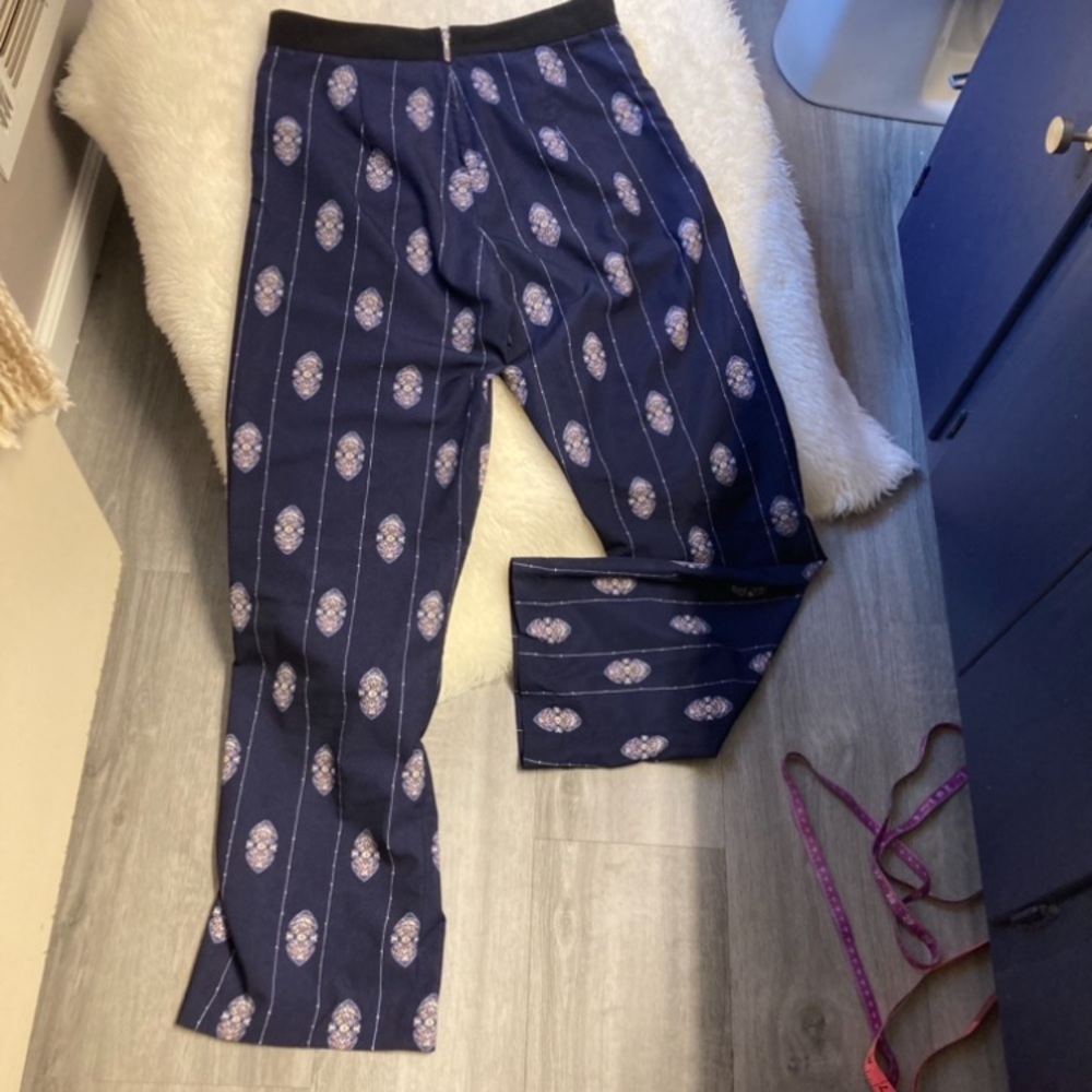 H$M Navy Blue Retro Style Abstract Print Hi Rise Wide Leg Trousers Back Zip Sz 8